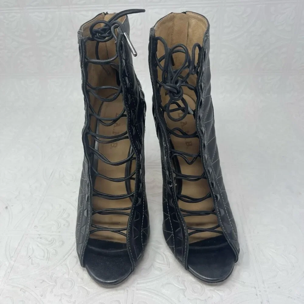 LAMB Black Cage Strappy Lace up Sandal Stiletto Heels Size 8M